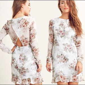 For Love And Lemons Floral Mini Dress XS White Pink Long Sleeve Crew Lined Zip